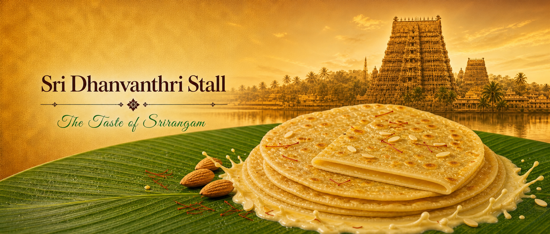 Boli with badam milk, almonds, saffron, and Srirangam Rajagopuram
